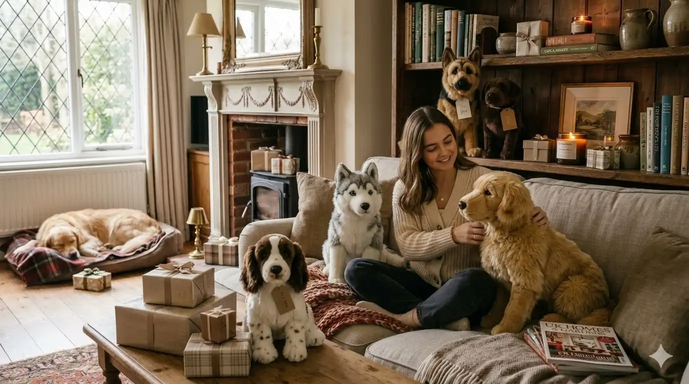 Realistic Douglas plush dogs displayed as collectible gifts in a cosy UK home