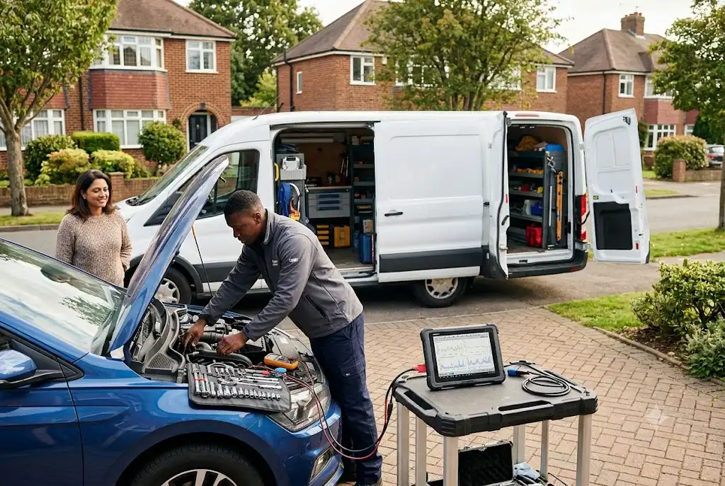 Mobile mechanic performing vehicle maintenance at a customer's home