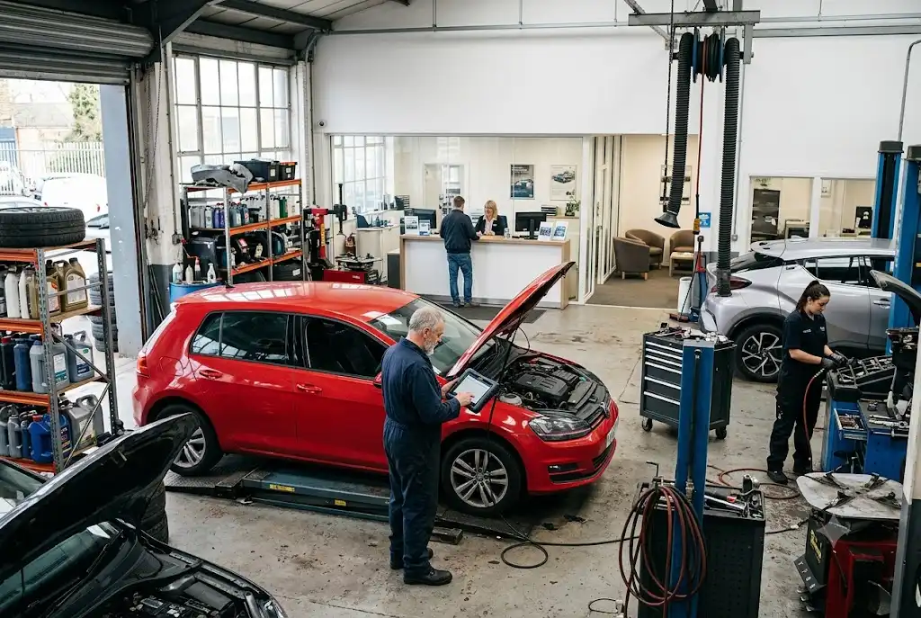 Professional vehicle repair workshop with mechanic diagnosing a car