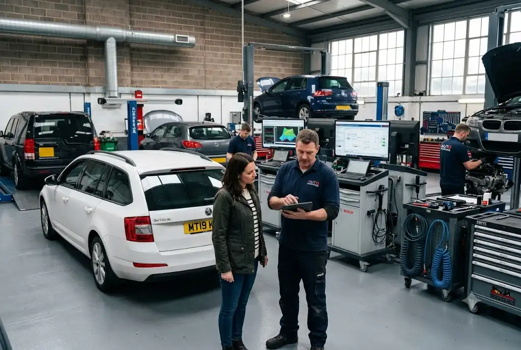Professional mechanic discussing vehicle repairs with a customer in a UK garage