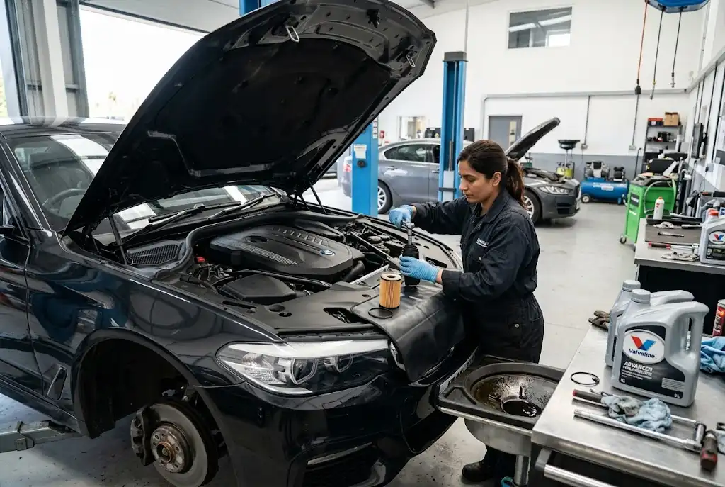 Mechanic changing engine oil and oil filter during vehicle maintenance