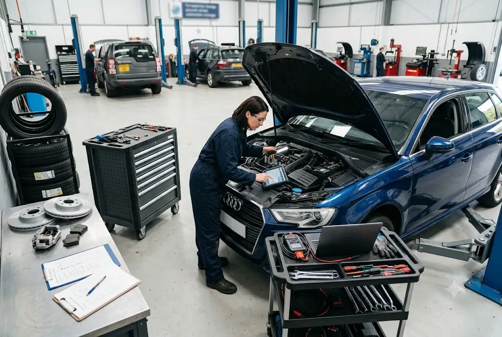 Professional mechanic completing a car service checklist on a modern vehicle in a UK garage.