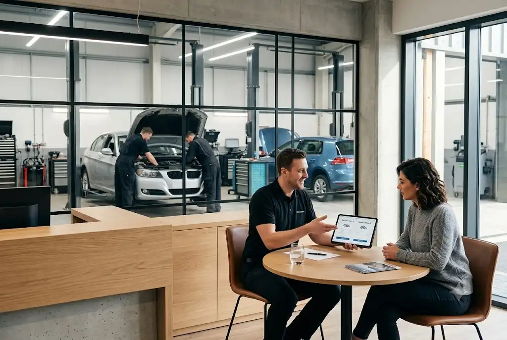 Customer comparing vehicle service options with a service advisor