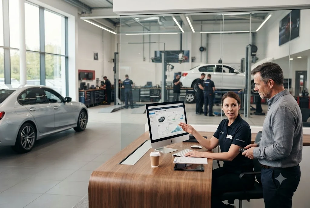 Professional checking car service history records for a vehicle at a UK dealership.