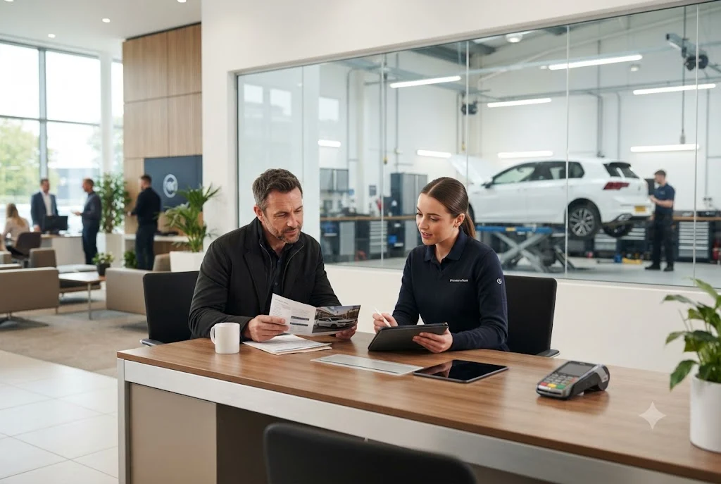 Customer discussing a car service plan with a service advisor at a UK dealership.