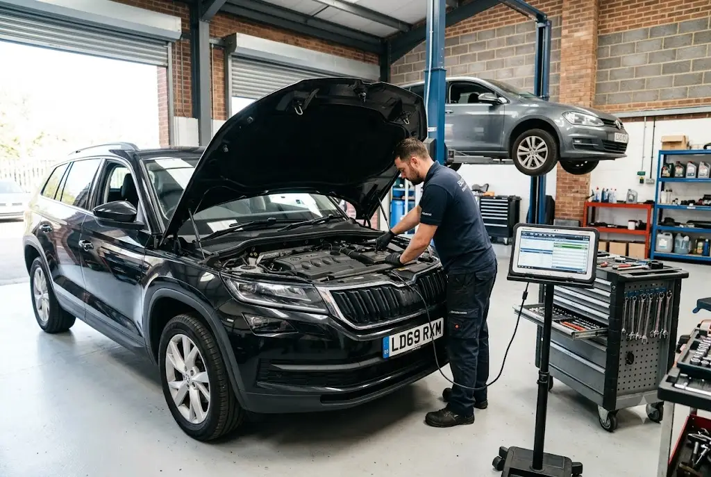 Professional mechanic performing car upkeep maintenance on a modern vehicle in a UK garage.