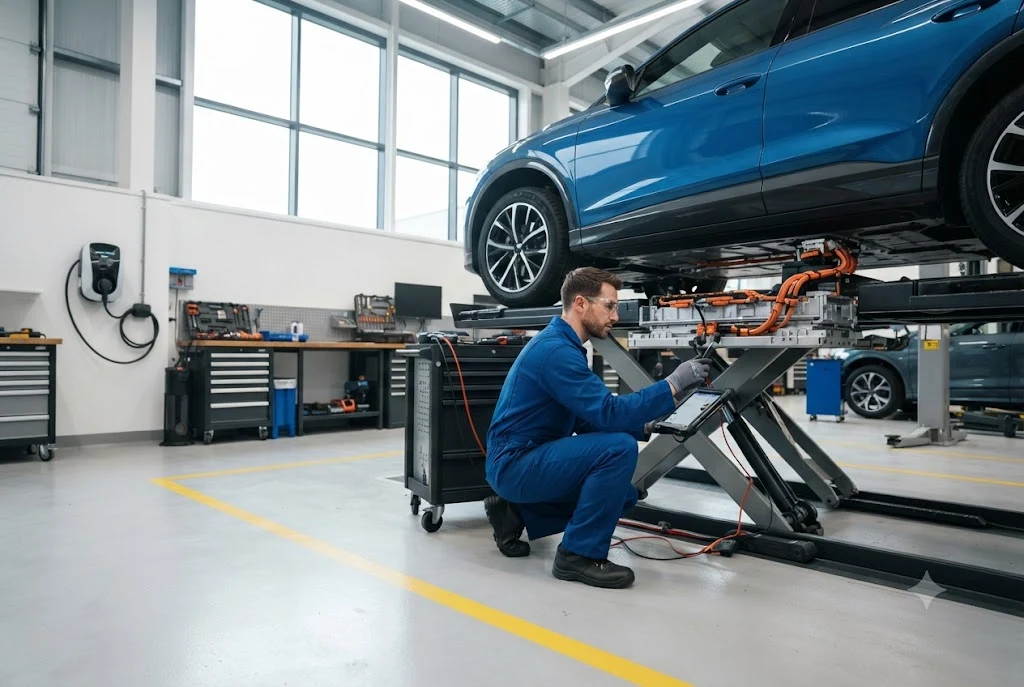 Technician performing electric vehicle servicing on a modern electric car in a UK workshop.