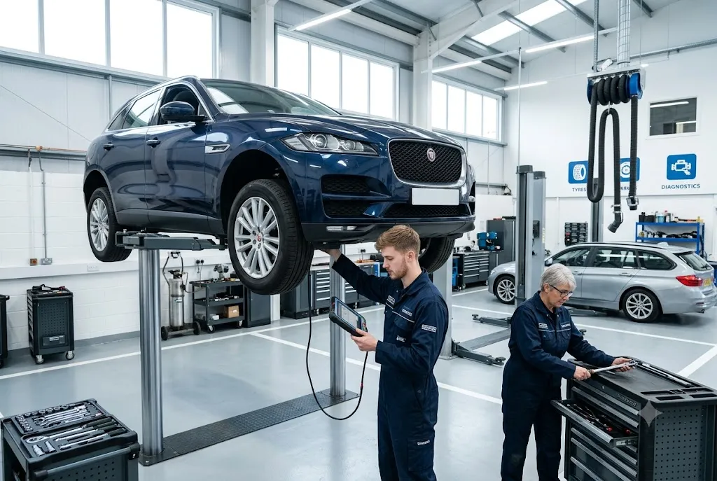 Technician carrying out a full vehicle service in a professional UK garage