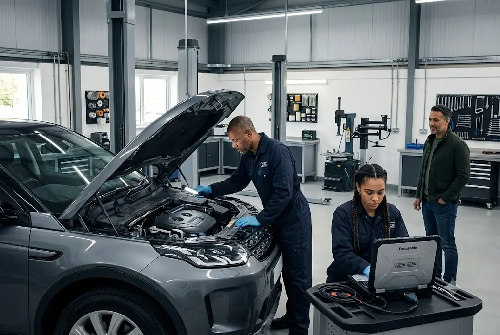 Mechanic performing a comprehensive vehicle service inspection in a UK garage