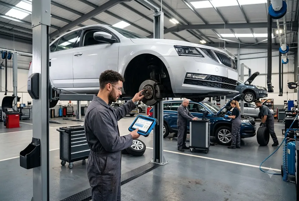 Professional mechanic servicing a vehicle in a modern UK garage