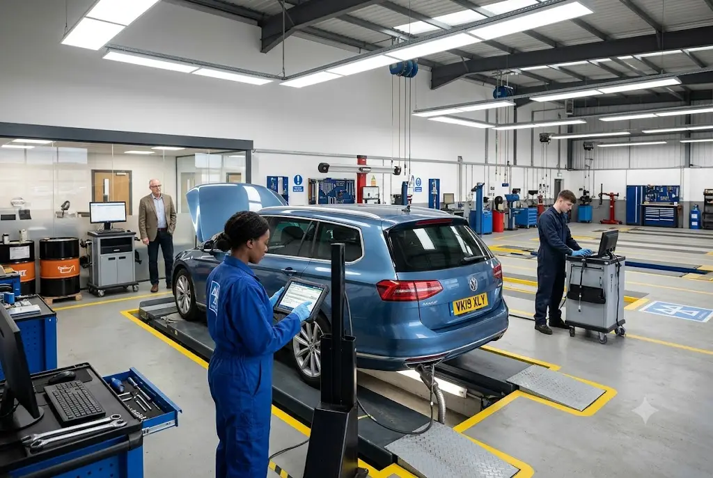 Vehicle undergoing MOT inspection and annual service at a UK garage