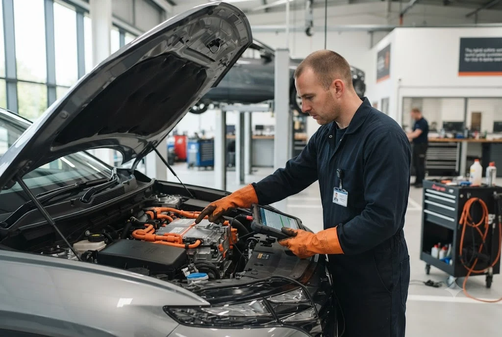 Technician performing hybrid vehicle maintenance on a modern hybrid car in a UK workshop.
