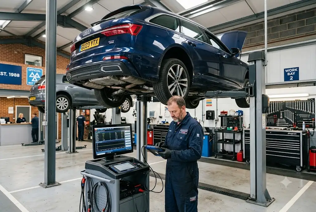 Professional mechanic performing local auto repair on a modern vehicle inside a UK garage.