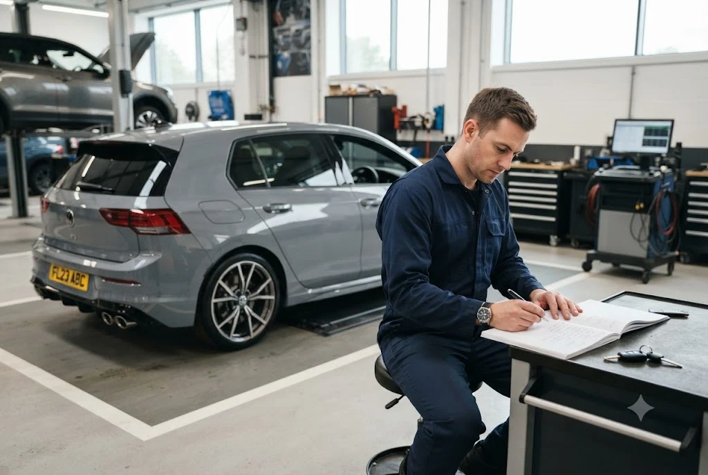 Mechanic updating a service book car record during routine vehicle servicing in the UK.