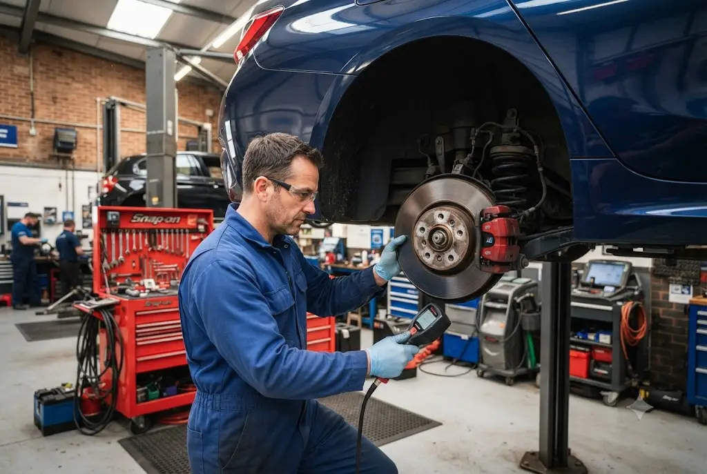 Professional service brake inspection being performed on a modern vehicle in a UK workshop