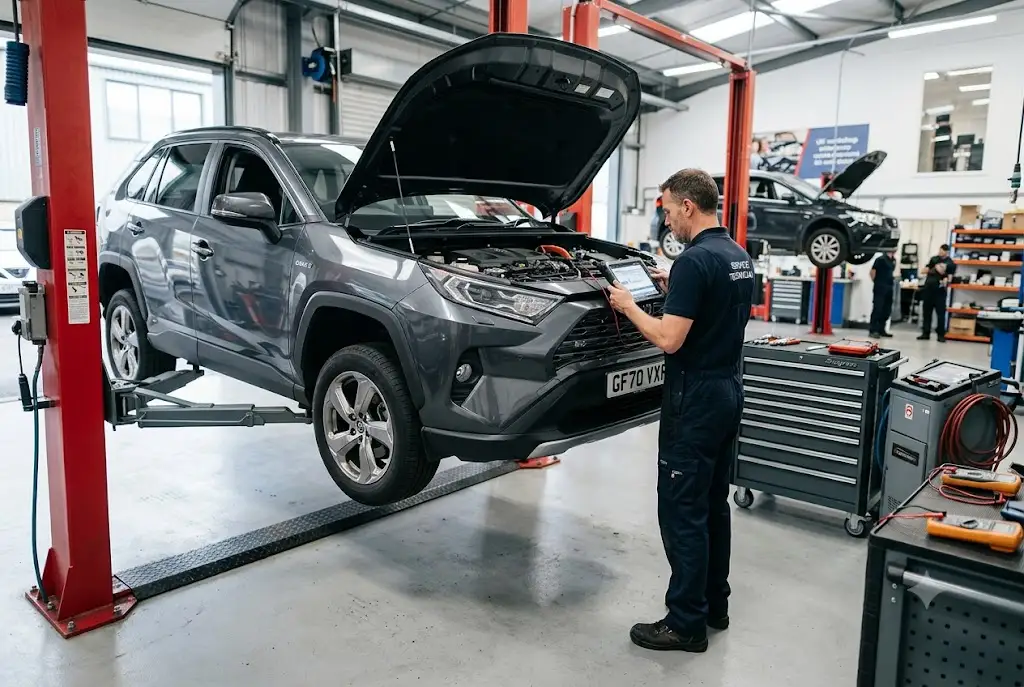 Technician performing toyota servicing cost inspection on a Toyota vehicle in a UK garage.