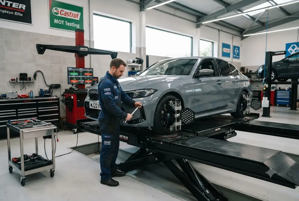Professional tyre alignment service being performed on a modern vehicle in a UK workshop
