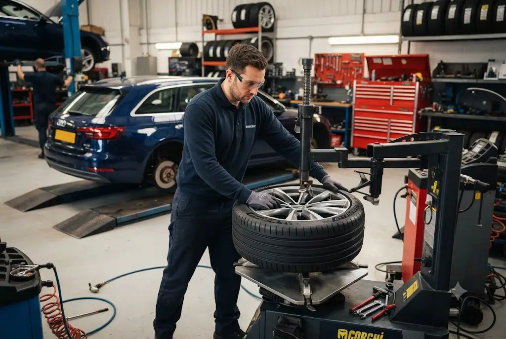 Professional tyre fitting service being performed on a modern car in the UK