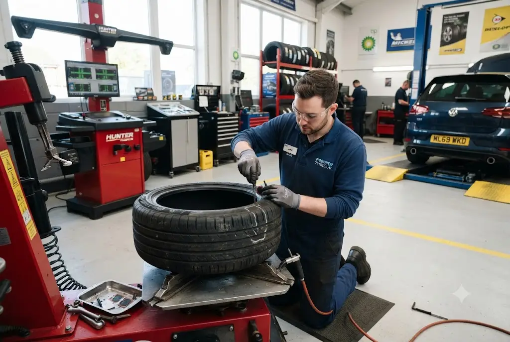 Professional technician performing a tyre repair cost assessment on a damaged vehicle tyre