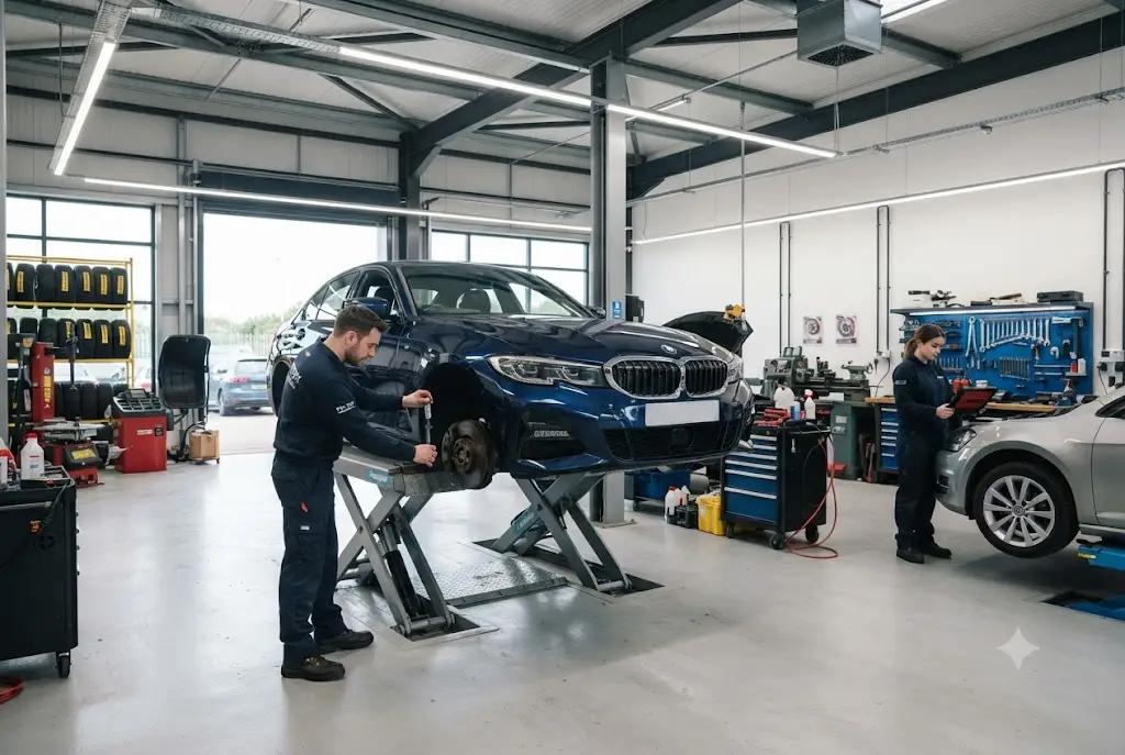 Professional tyres and auto care service being performed in a modern UK automotive workshop
