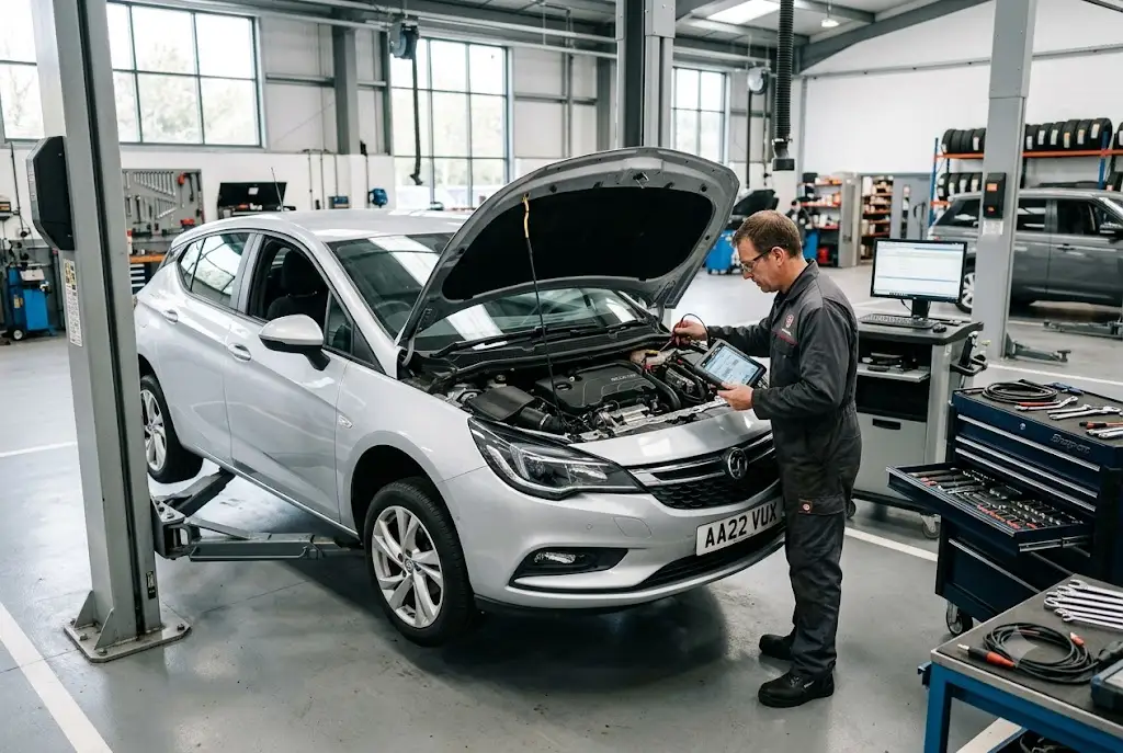 Professional mechanic performing vauxhall service cost inspection on a Vauxhall vehicle in a UK garage.