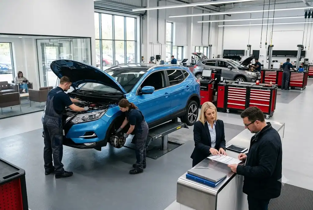 Vehicle service advisor discussing maintenance costs with a customer