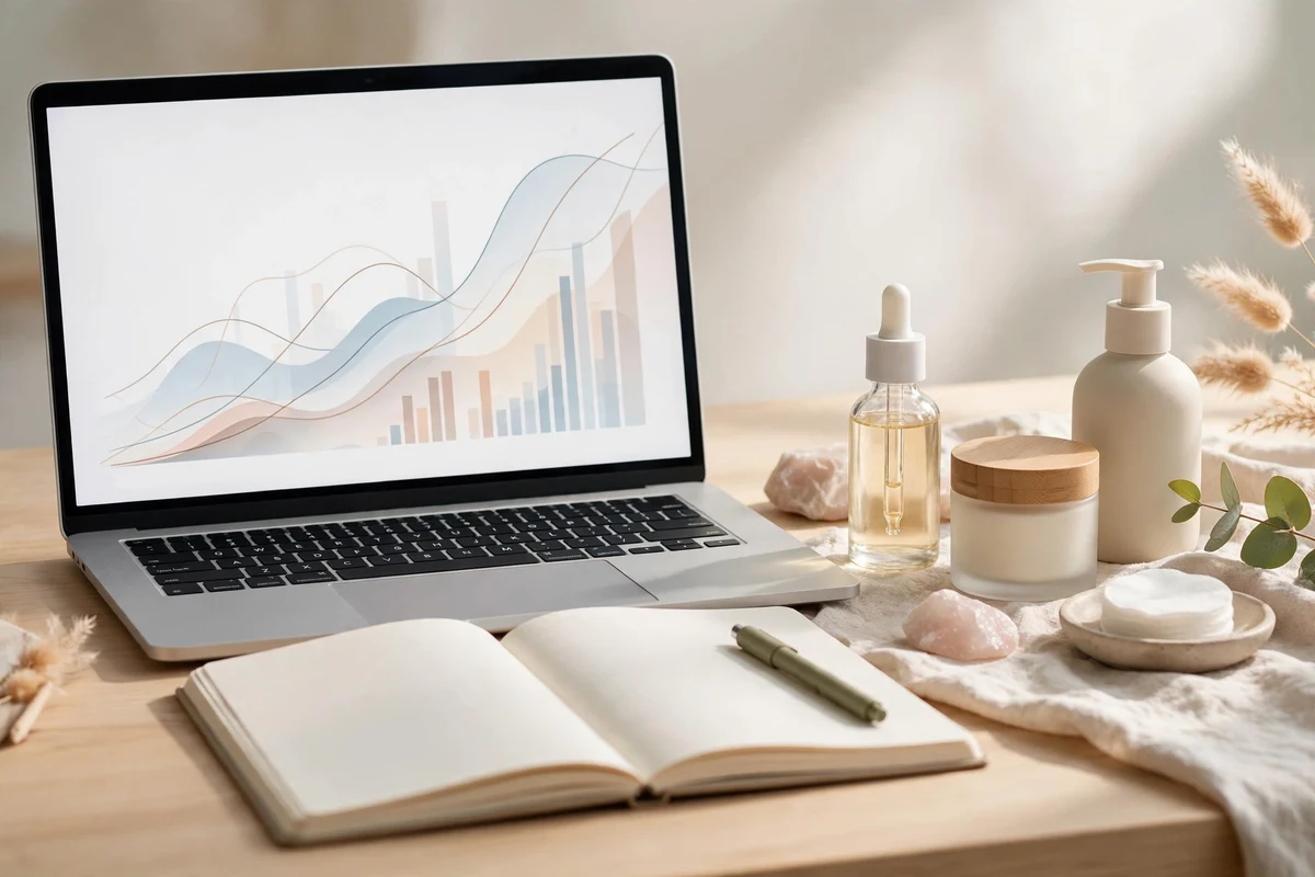 Beauty SEO dashboard and beauty products on a desk for a beauty brand