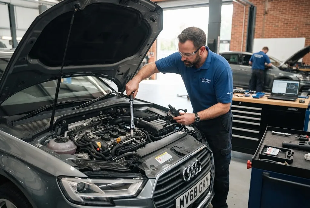 Spark plugs replacement being carried out on a petrol car engine