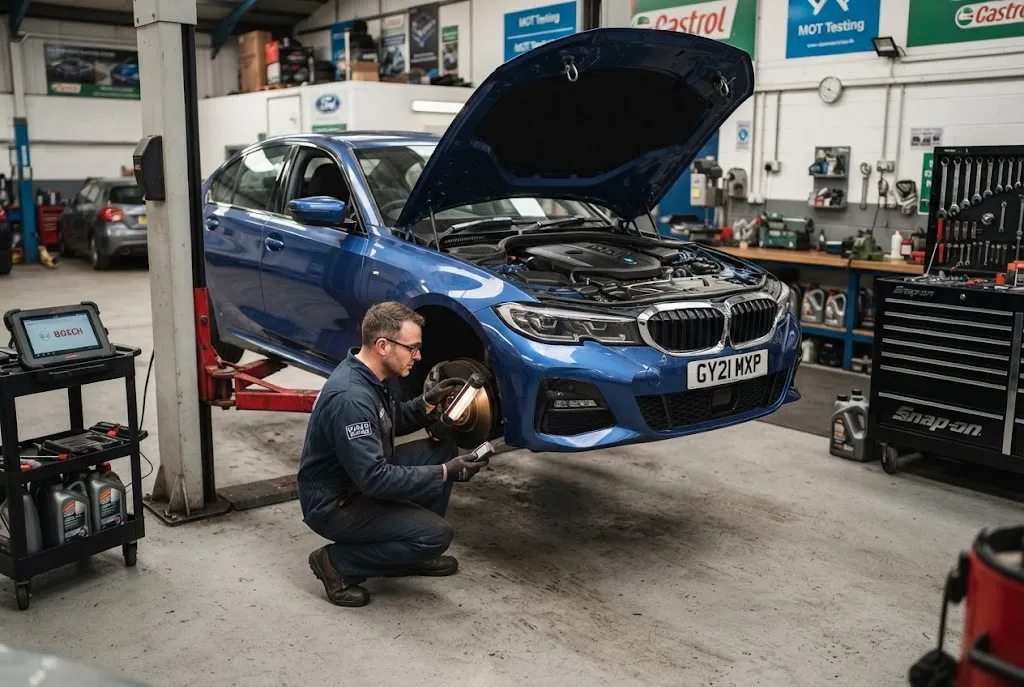 Types of car services showing a mechanic inspecting a vehicle