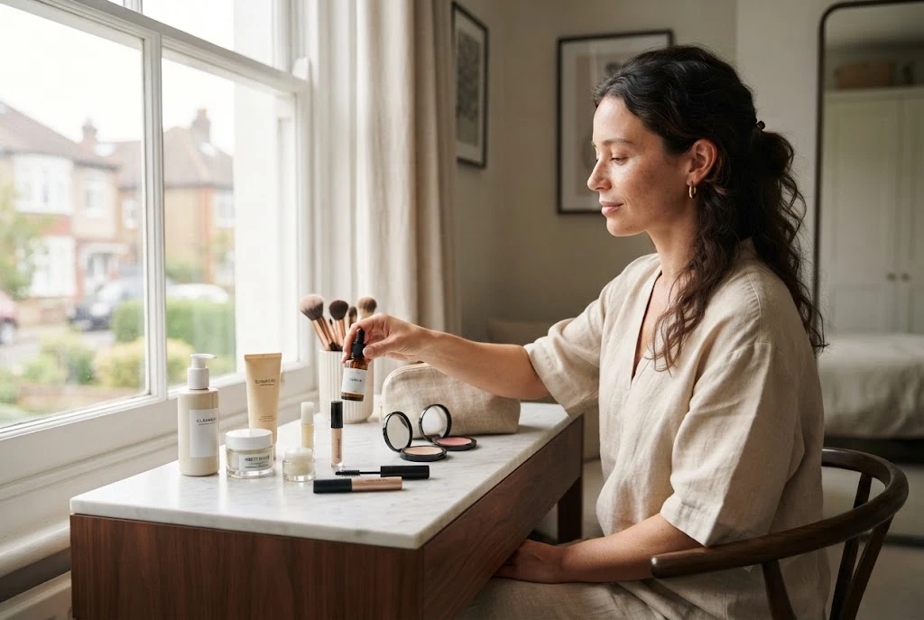 Beauty essentials including skincare and makeup products for everyday use