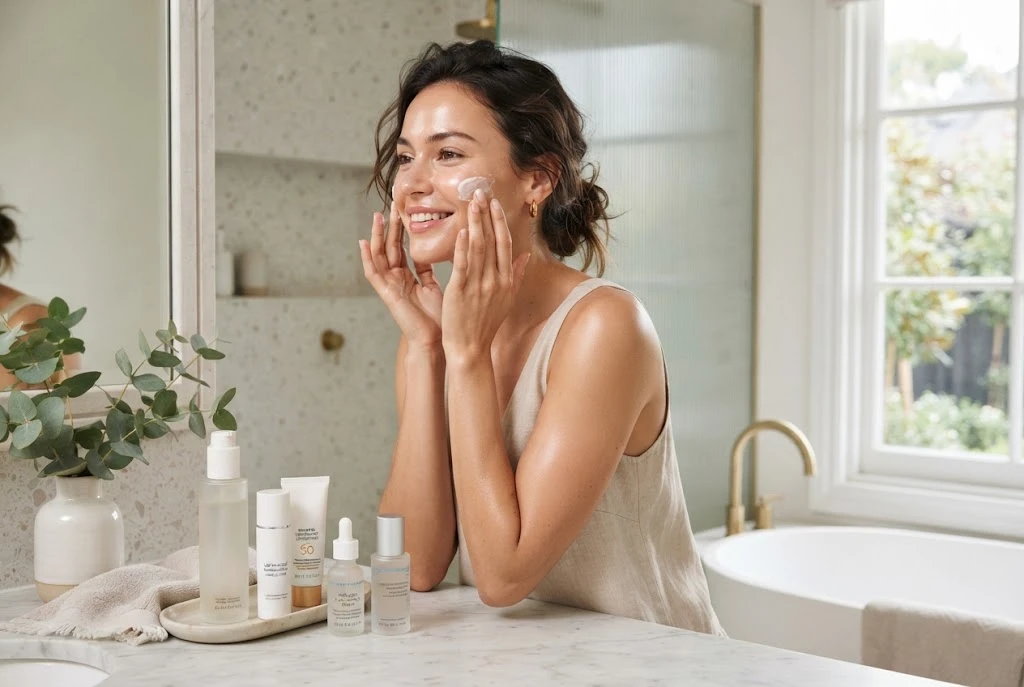 combination skin care routine with cleanser and moisturiser for balanced skin