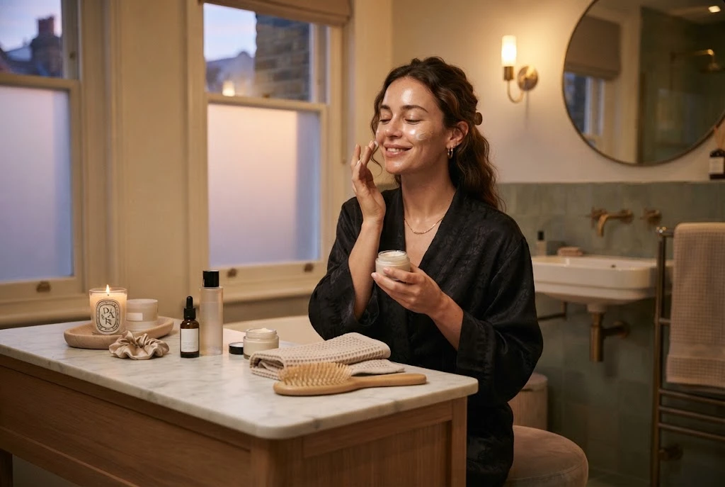 Evening beauty routine with simple nighttime skincare and grooming