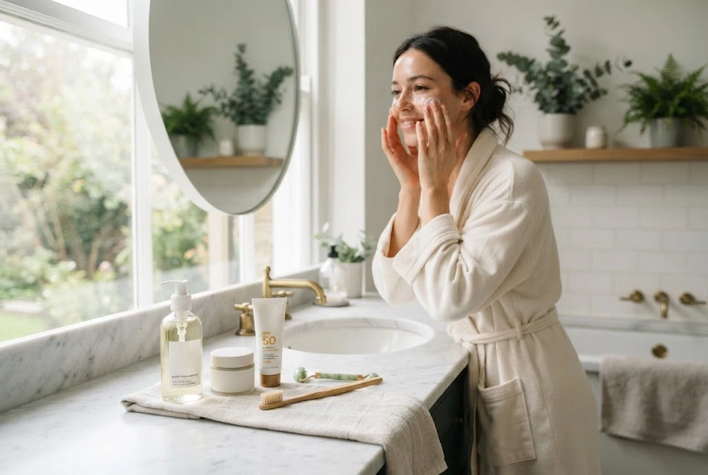 face care routine with cleanser moisturiser and sunscreen for healthy skin