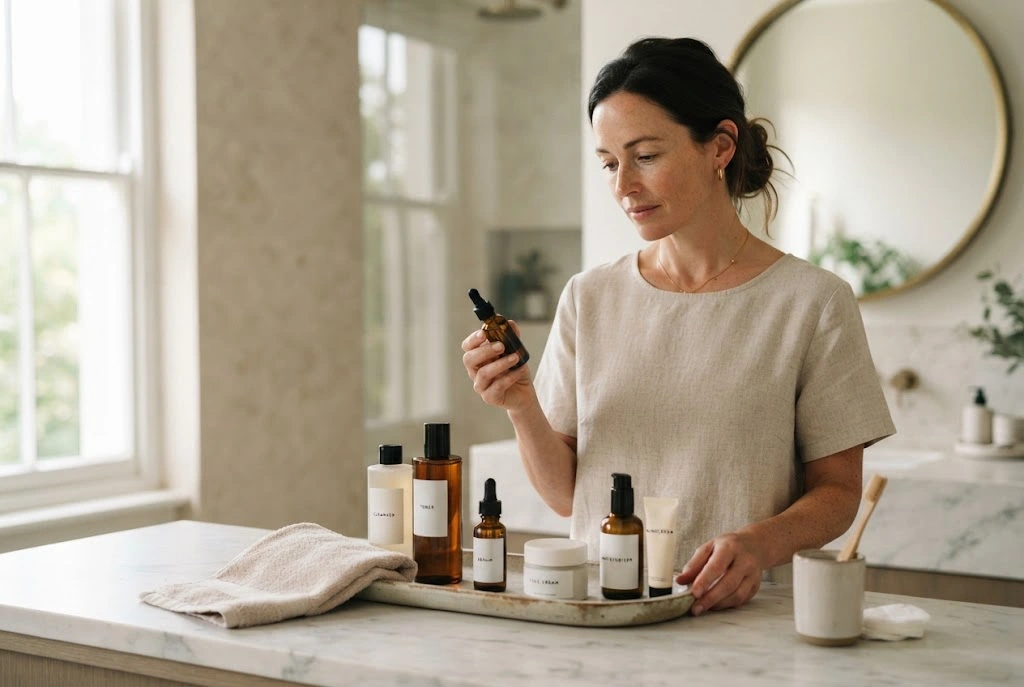 Skincare product guide showing cleanser moisturiser serum toner and sunscreen